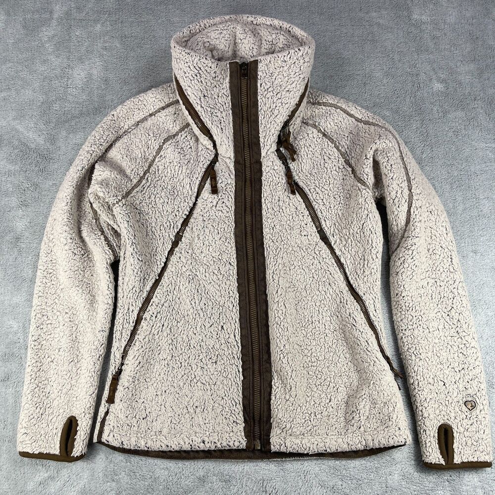 Kuhl Flight Jacket Women's Medium Beige Removable Hood Fleece Outdoor Full Zip